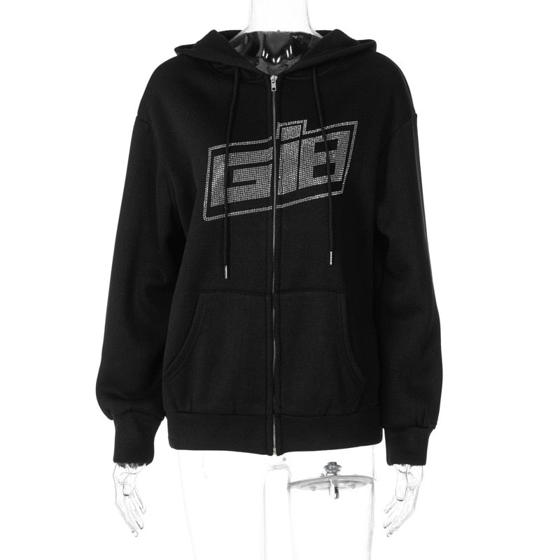 Rhinestone Letter Print Hoodies Women Zip Up Y2K Tracksuit Vintage