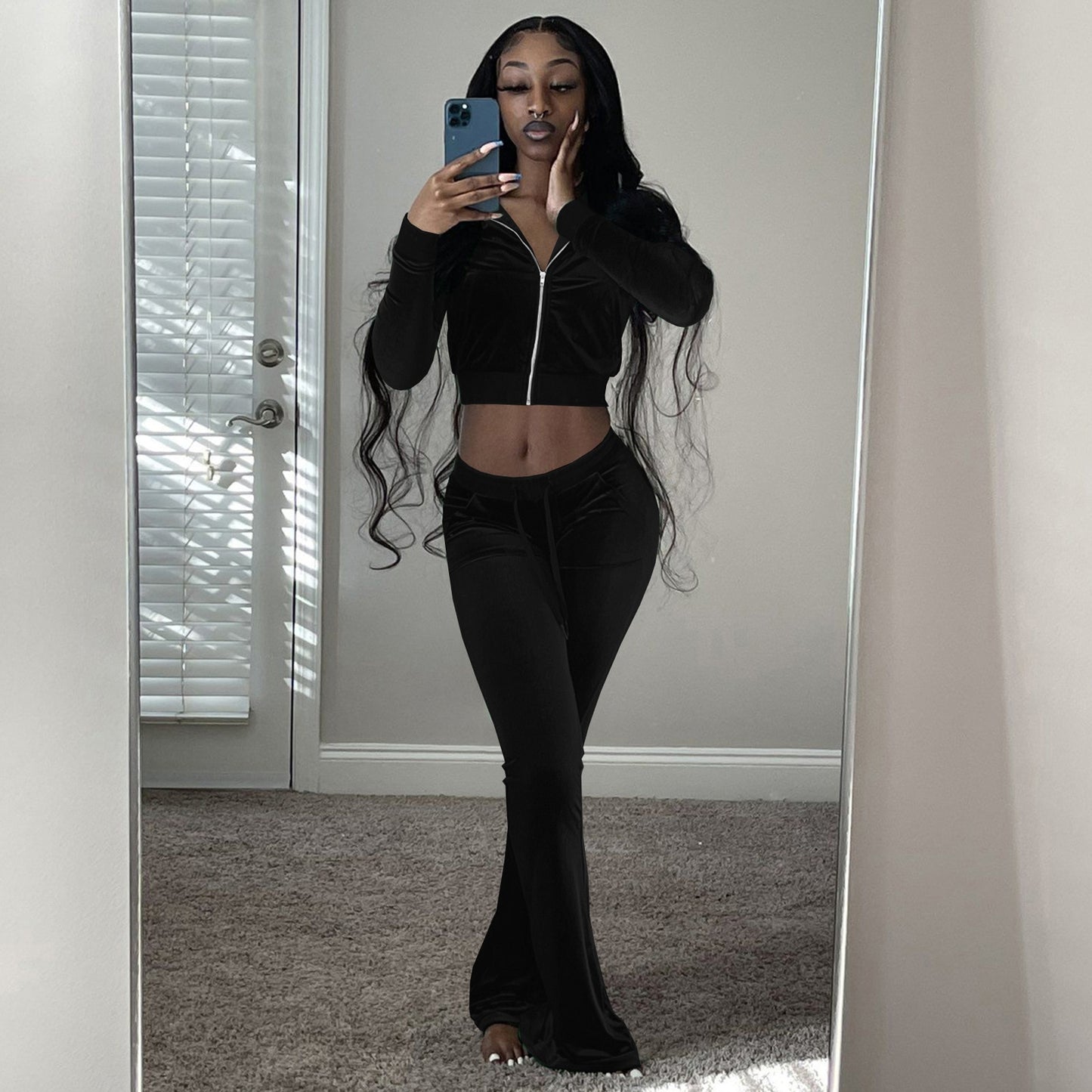 Women Velvet Tracksuit Winter Two Piece Set Velour Wide Leg Pant Sets Solid