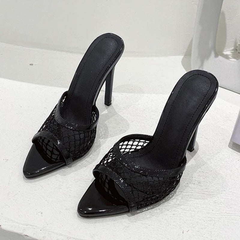 New Sexy Pointed Toe Thin High Heels Pumps Green Mesh Slippers Summer Fashion
