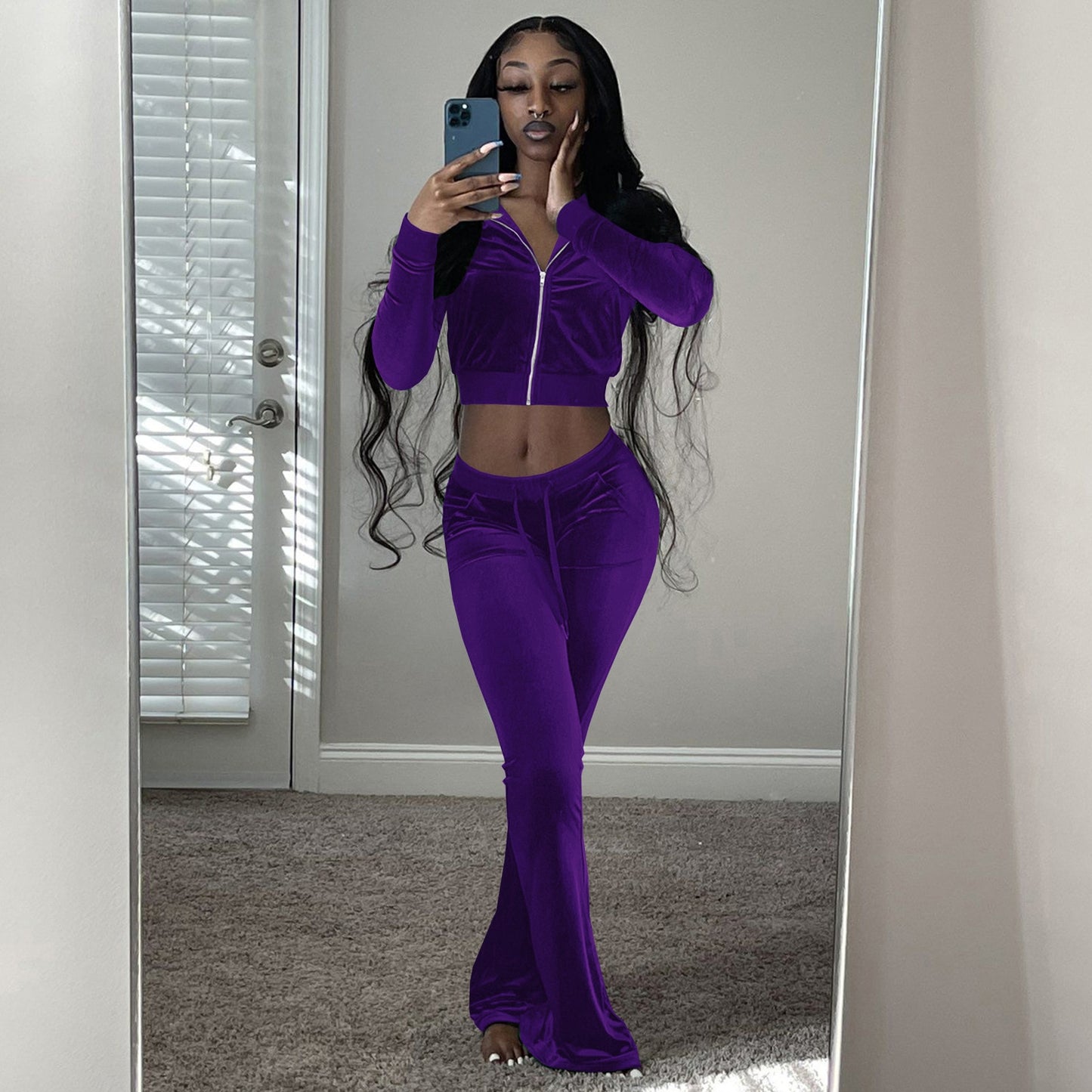Women Velvet Tracksuit Winter Two Piece Set Velour Wide Leg Pant Sets Solid