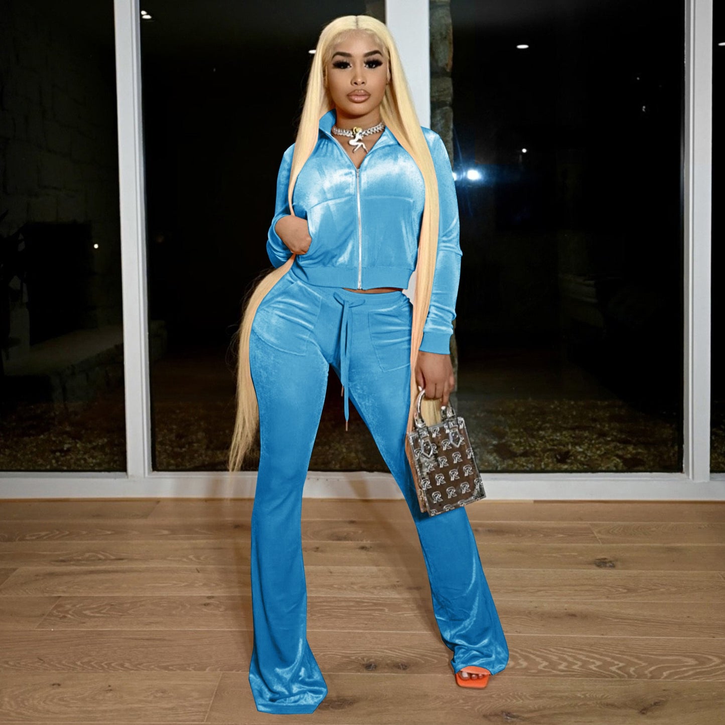Women Velvet Tracksuit Winter Two Piece Set Velour Wide Leg Pant Sets Solid