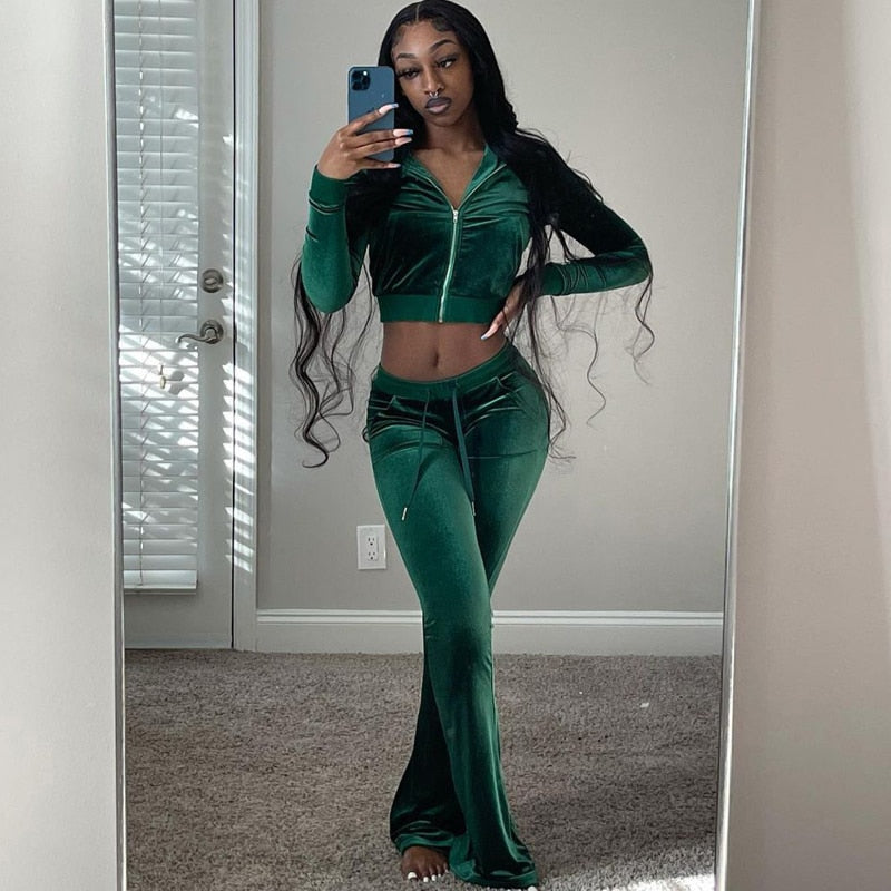 Women Velvet Tracksuit Winter Two Piece Set Velour Wide Leg Pant Sets Solid