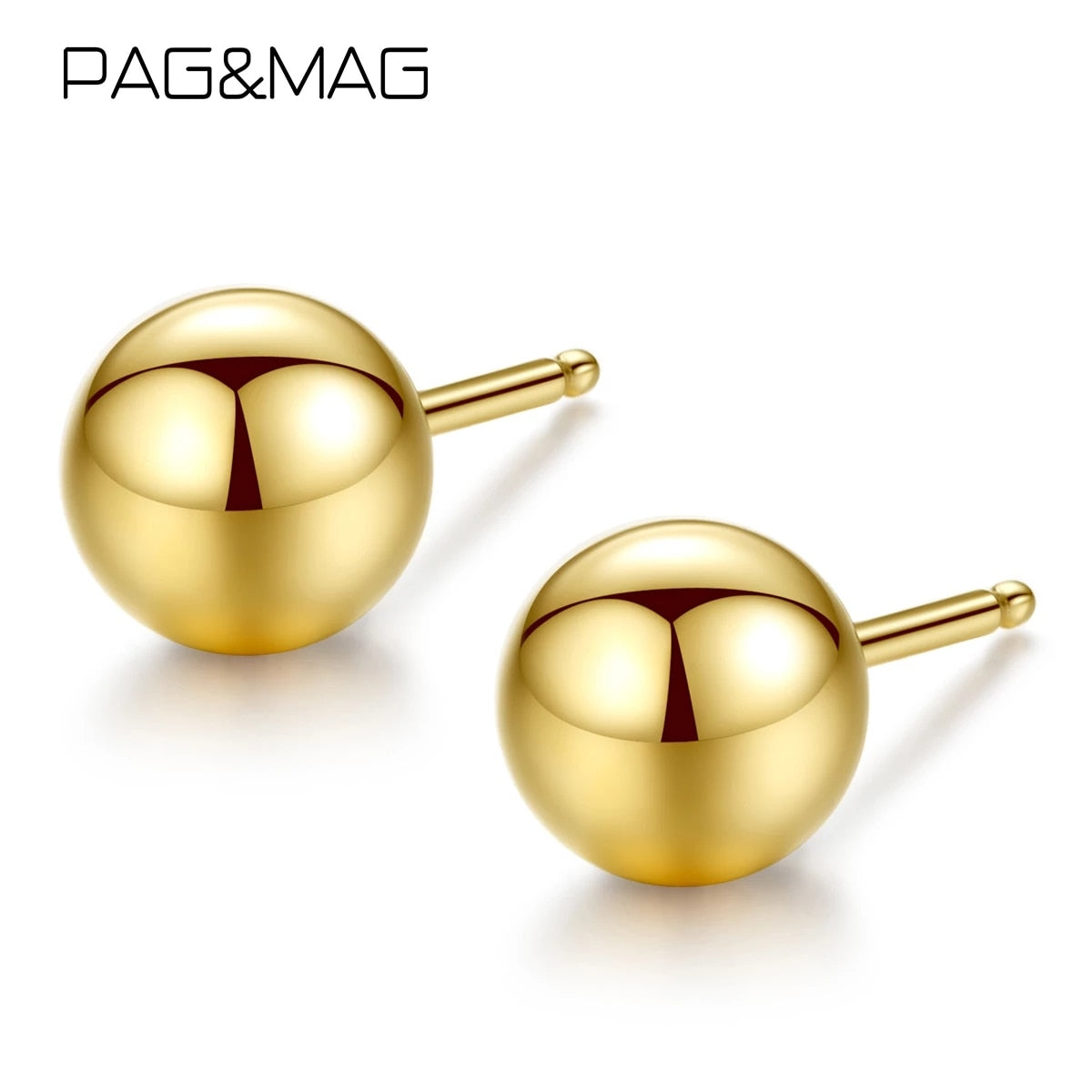 PAG&MAG Genuine 18K Gold Solid Bead Ball Stud Earrings For Women