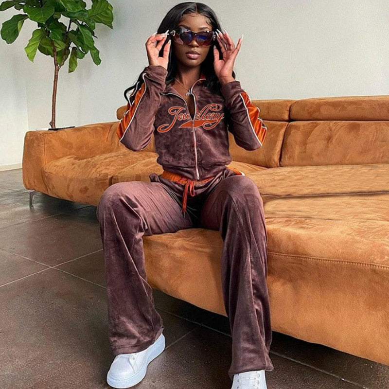 Letter Print Velvet Tracksuit Set Women Fashion Streetwear Outfits Female Zipper Sport