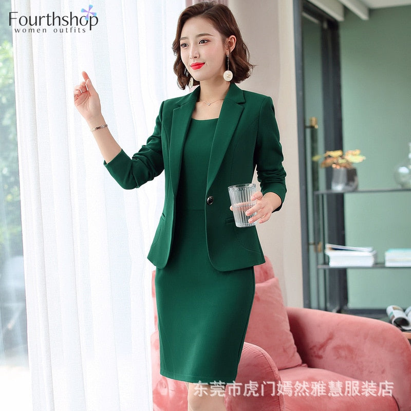 Elegant Blazer Dress Suits Women Business Work Uniform Office Lady Professional Two Pieces