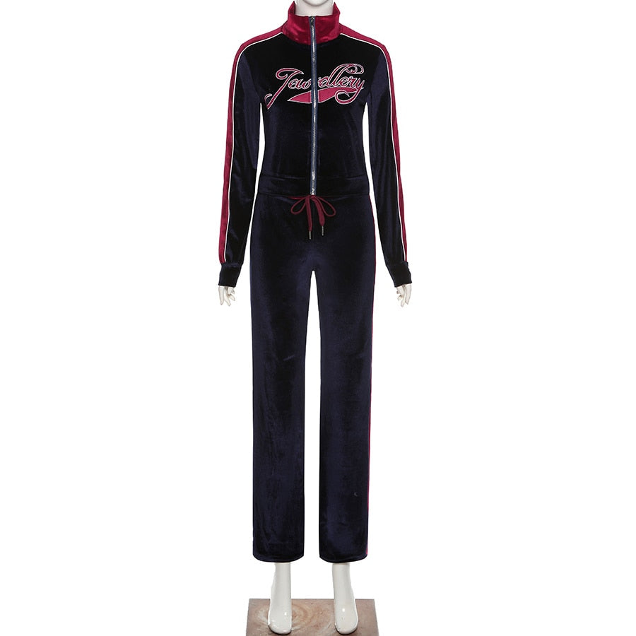 Letter Print Velvet Tracksuit Set Women Fashion Streetwear Outfits Female Zipper Sport