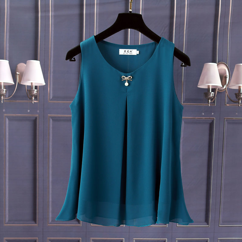 Obesity Women Chiffon Shirt 2022 New Summer Sleeveless O-neck Blouse