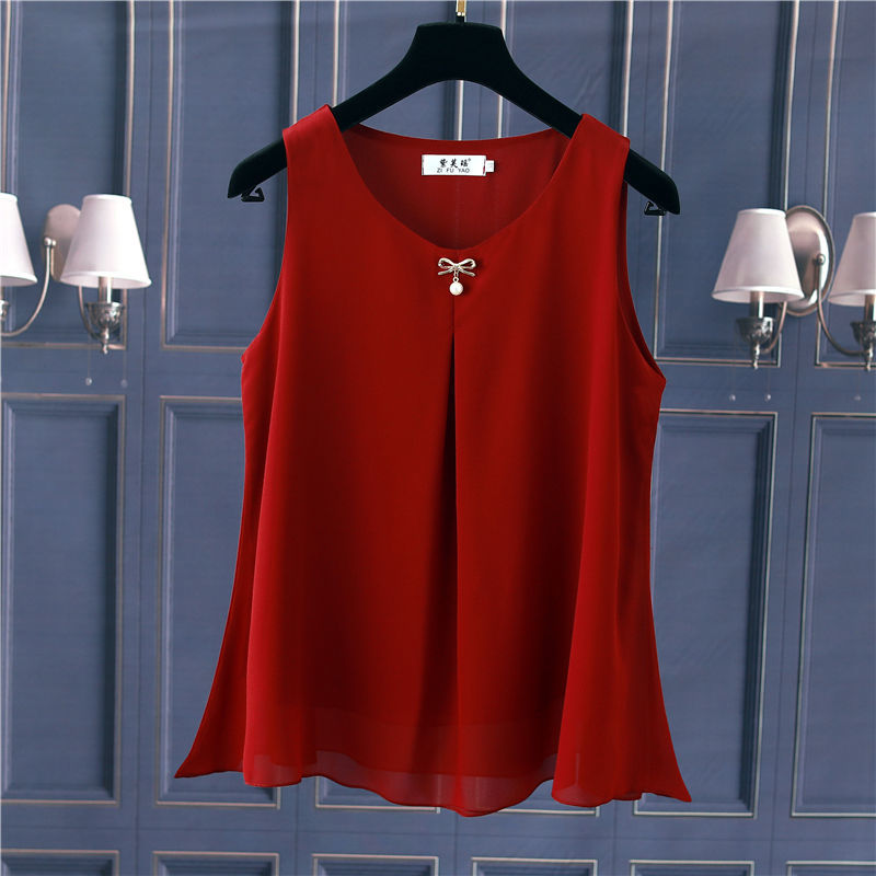 Obesity Women Chiffon Shirt 2022 New Summer Sleeveless O-neck Blouse