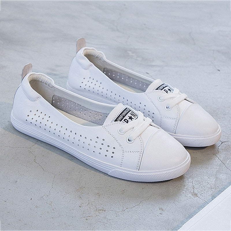 Plus Size Women’s White Genuine Leather Sneakers – Vulcanized Casual Shoes