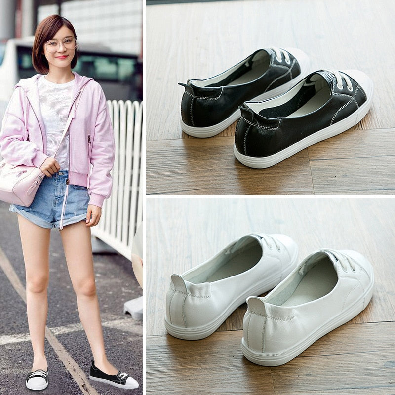 Plus Size Women’s White Genuine Leather Sneakers – Vulcanized Casual Shoes
