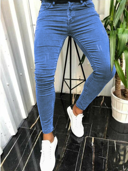 Men's Skinny Ripped jeans Slim scarification Blue Denim Pencil Pants — view 1 of men's clothing