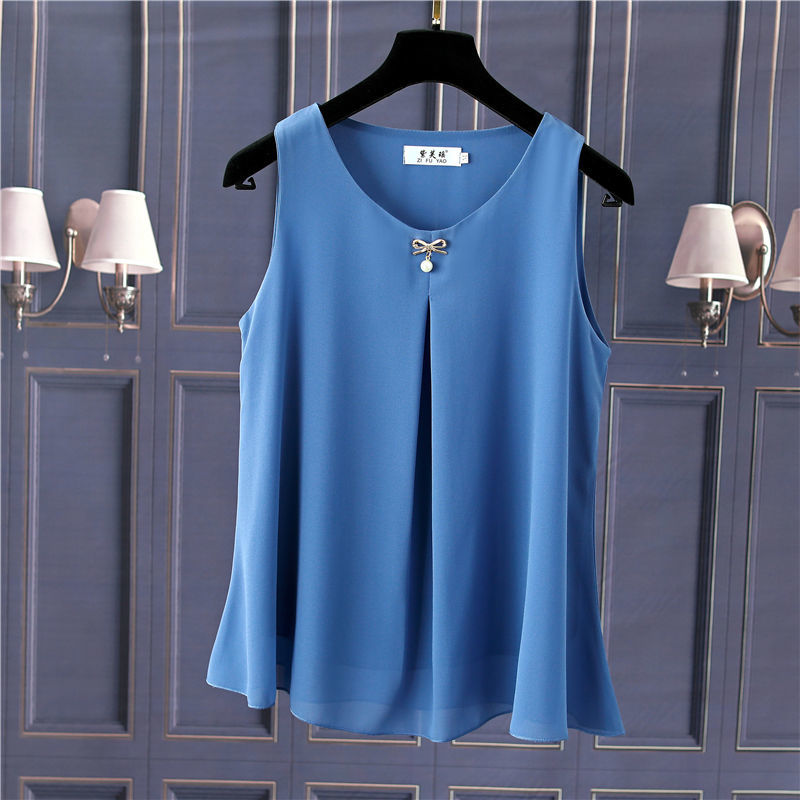 Obesity Women Chiffon Shirt 2022 New Summer Sleeveless O-neck Blouse