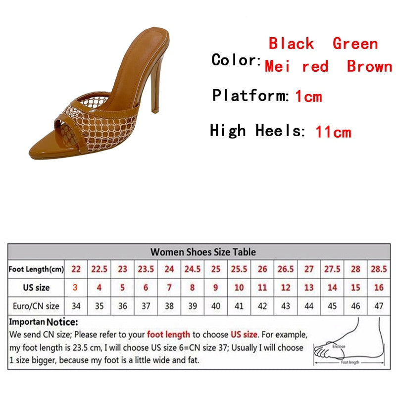 New Sexy Pointed Toe Thin High Heels Pumps Green Mesh Slippers Summer Fashion