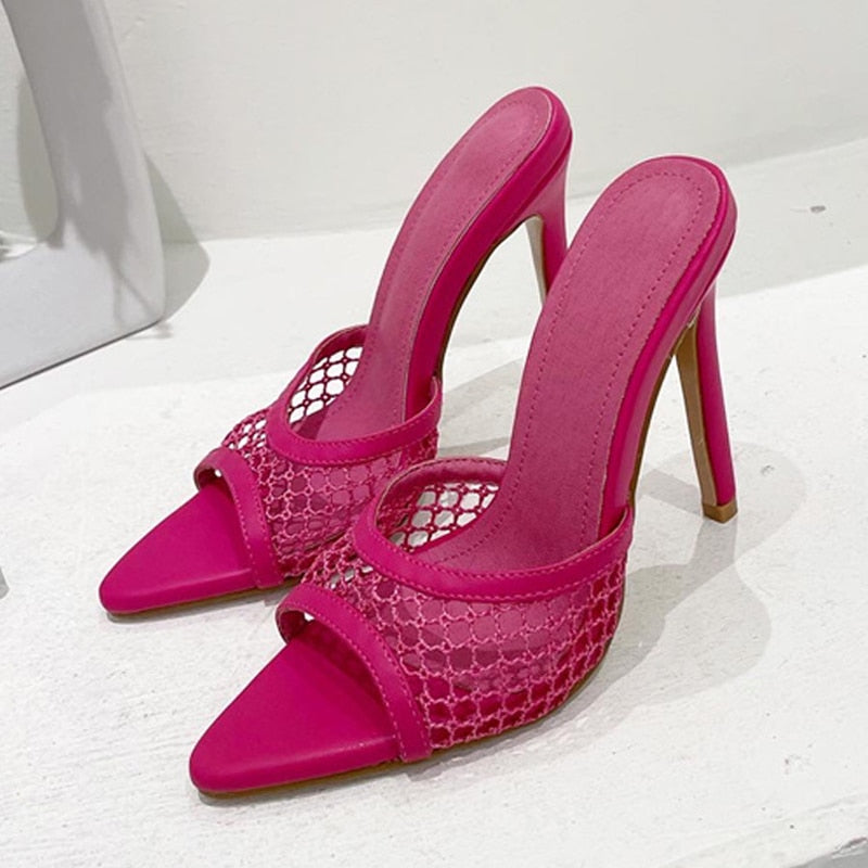 New Sexy Pointed Toe Thin High Heels Pumps Green Mesh Slippers Summer Fashion