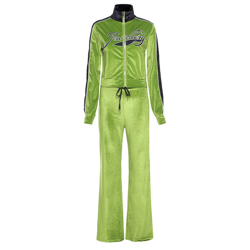 Letter Print Velvet Tracksuit Set Women Fashion Streetwear Outfits Female Zipper Sport
