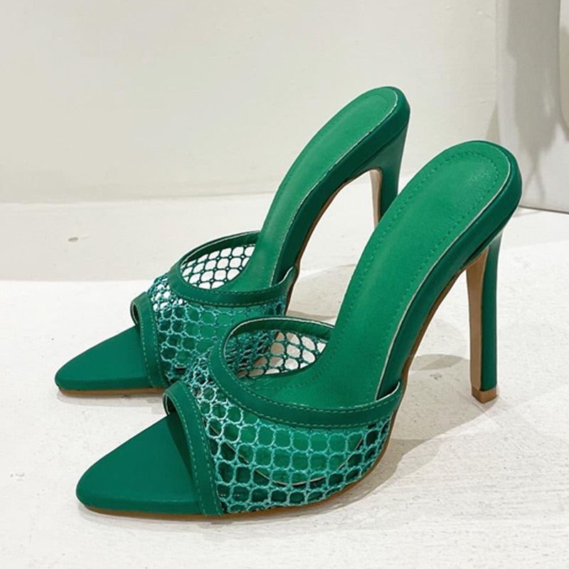 New Sexy Pointed Toe Thin High Heels Pumps Green Mesh Slippers Summer Fashion