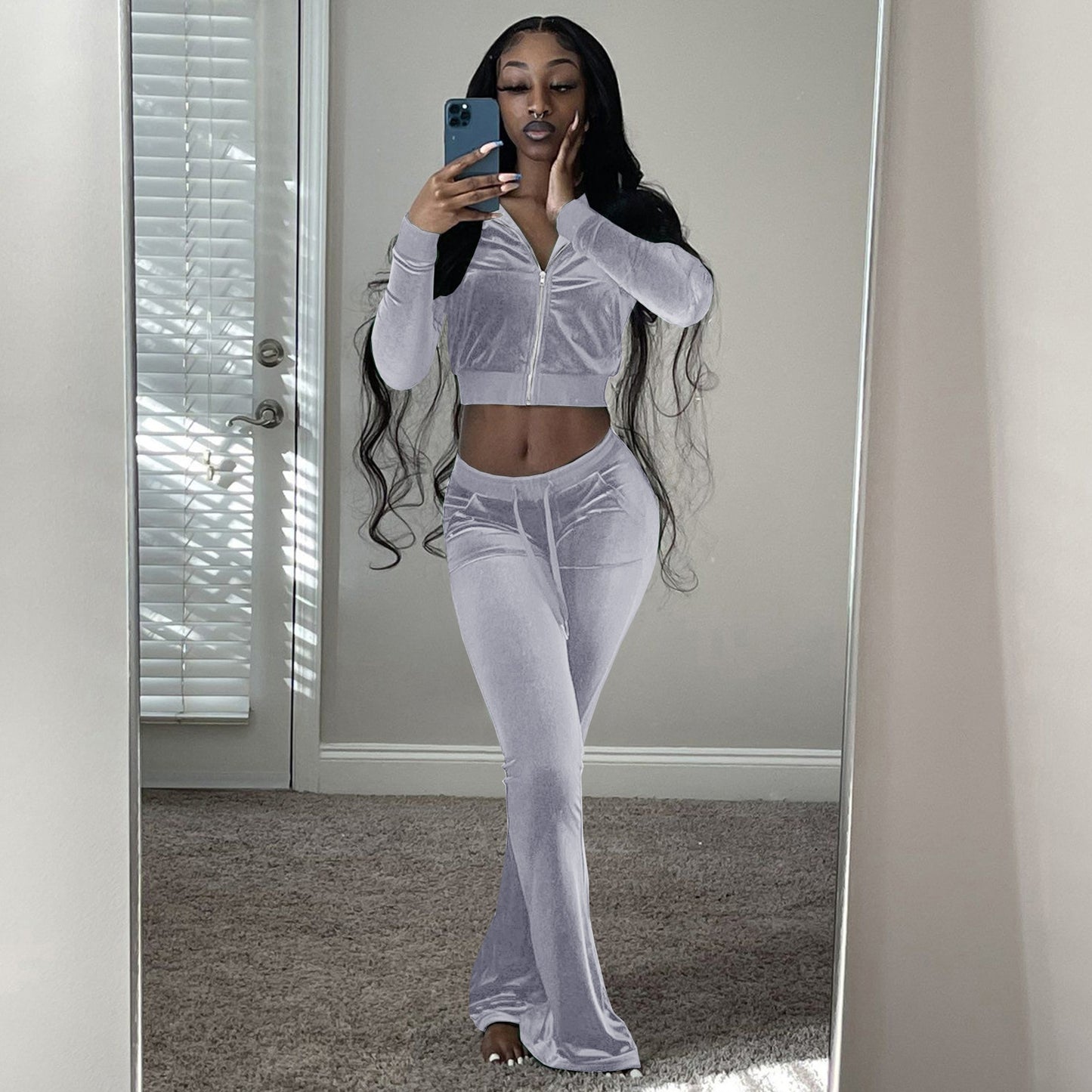 Women Velvet Tracksuit Winter Two Piece Set Velour Wide Leg Pant Sets Solid