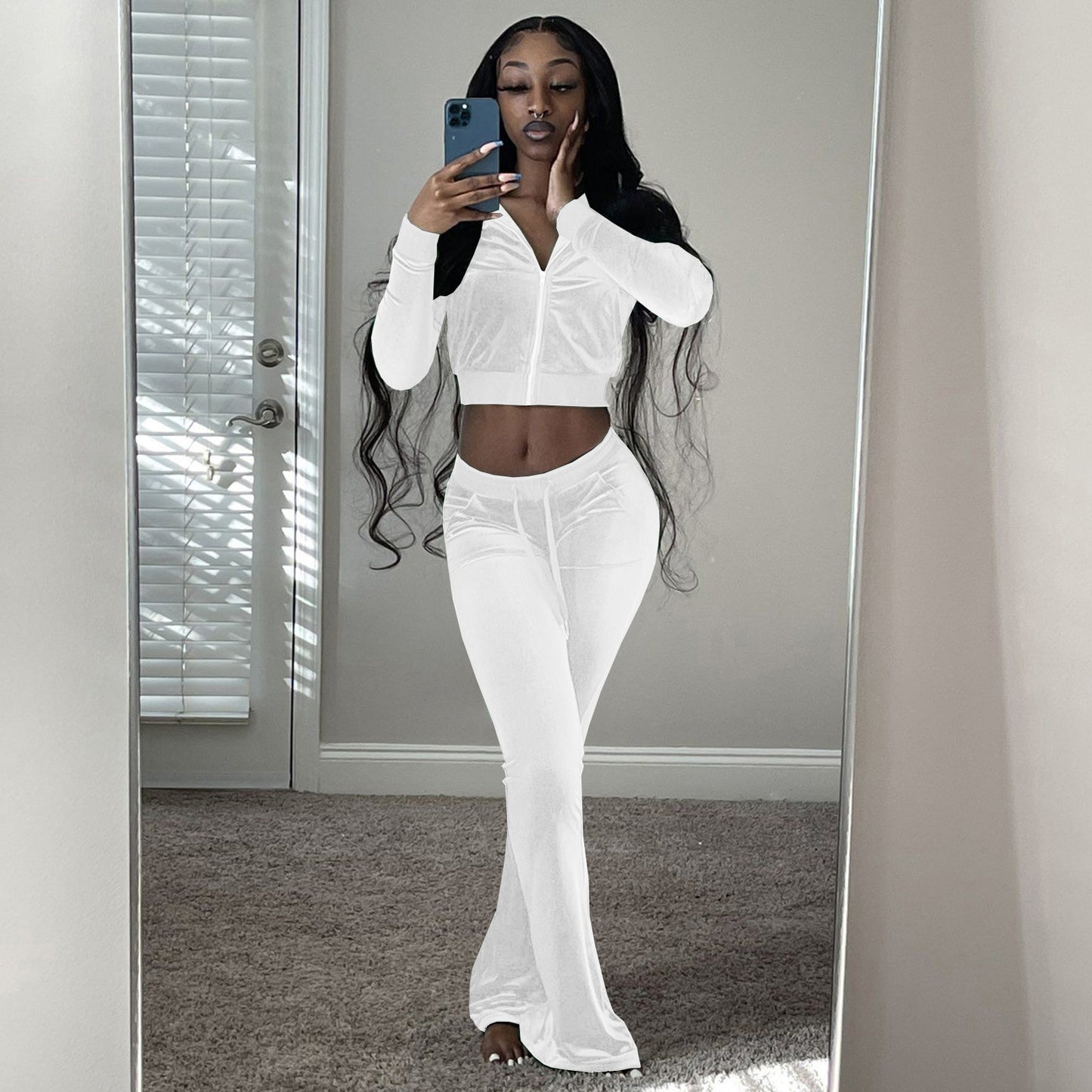 Women Velvet Tracksuit Winter Two Piece Set Velour Wide Leg Pant Sets Solid