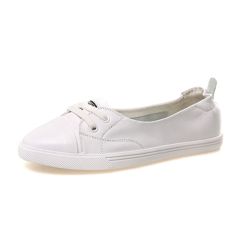 Plus Size Women’s White Genuine Leather Sneakers – Vulcanized Casual Shoes