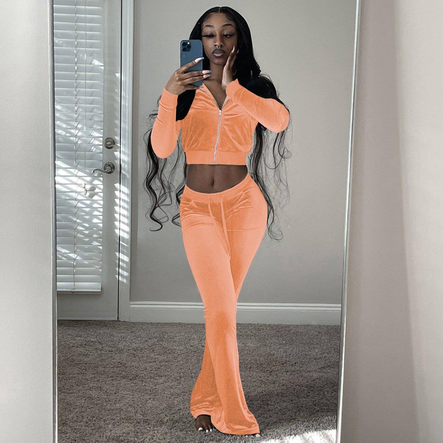 Women Velvet Tracksuit Winter Two Piece Set Velour Wide Leg Pant Sets Solid