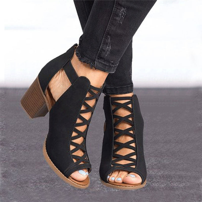 Women High Heels Fish Mouth Sandals Female Cover Chunky Heel Gladiator Sandals