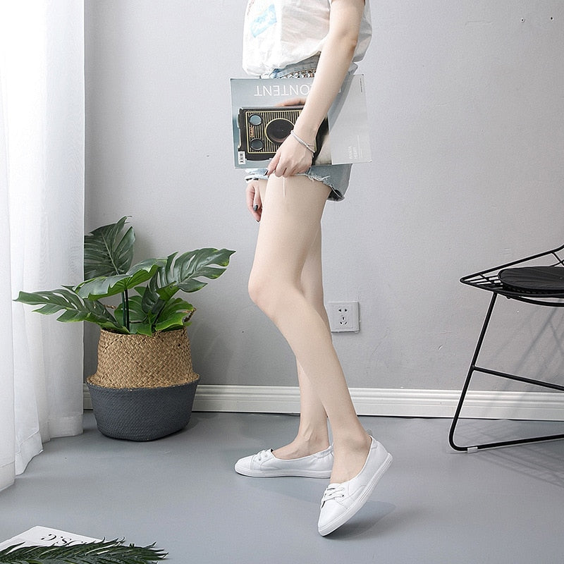 Plus Size Women’s White Genuine Leather Sneakers – Vulcanized Casual Shoes