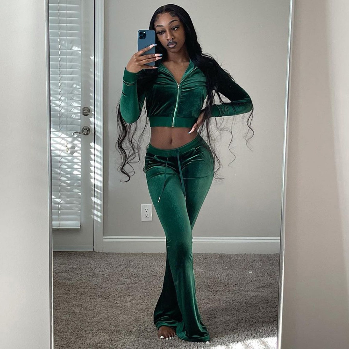 Women Velvet Tracksuit Winter Two Piece Set Velour Wide Leg Pant Sets Solid
