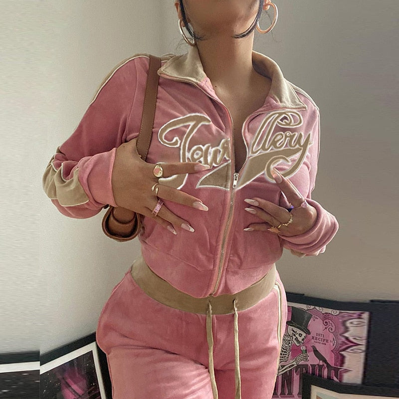 Letter Print Velvet Tracksuit Set Women Fashion Streetwear Outfits Female Zipper Sport