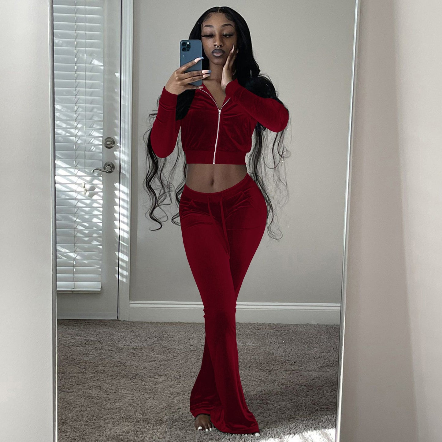 Women Velvet Tracksuit Winter Two Piece Set Velour Wide Leg Pant Sets Solid
