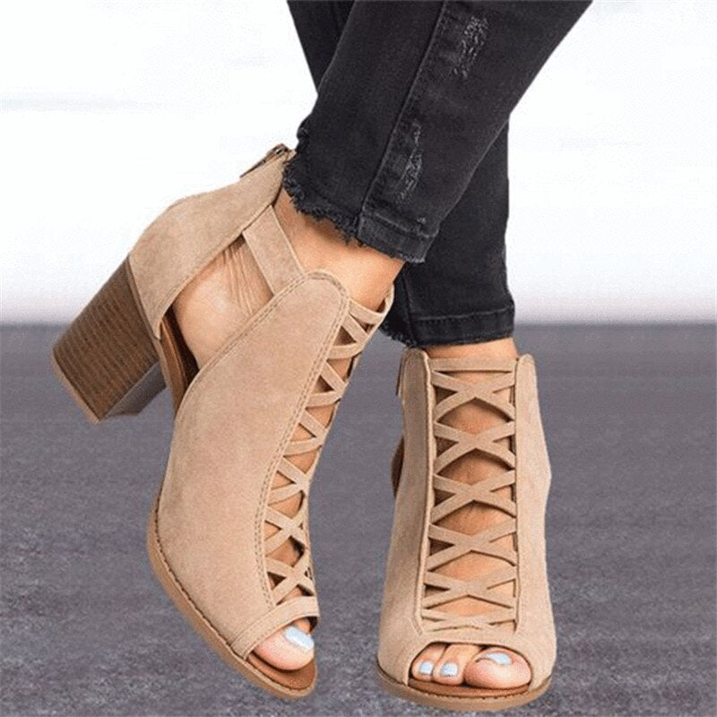 Women High Heels Fish Mouth Sandals Female Cover Chunky Heel Gladiator Sandals
