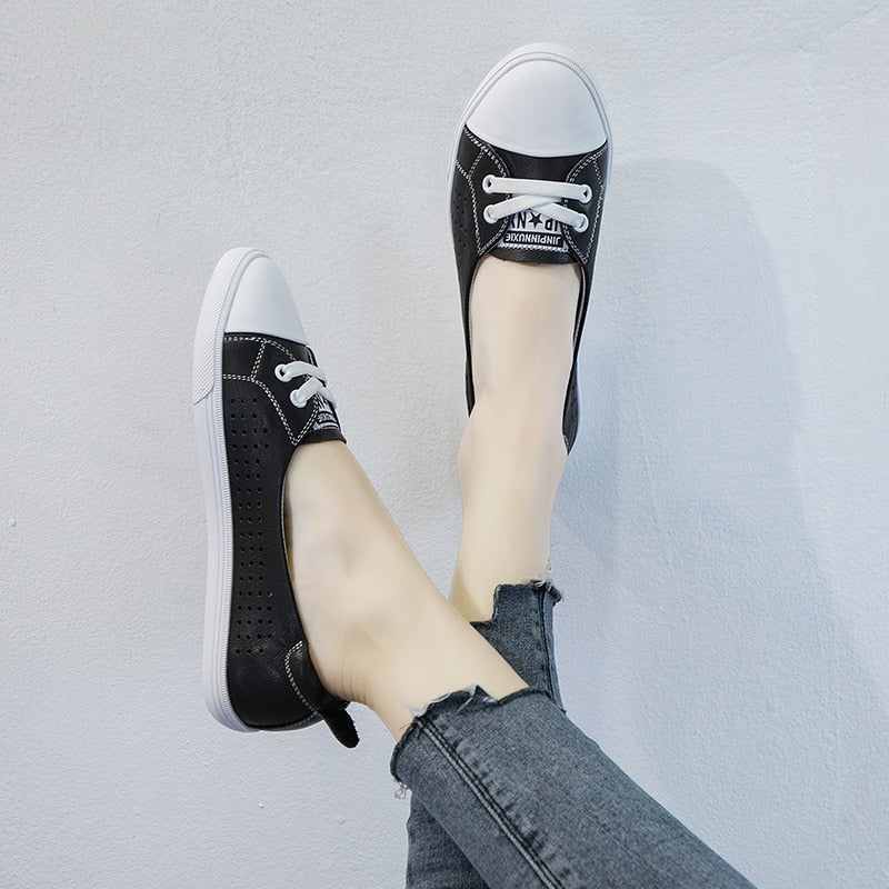 Plus Size Women’s White Genuine Leather Sneakers – Vulcanized Casual Shoes