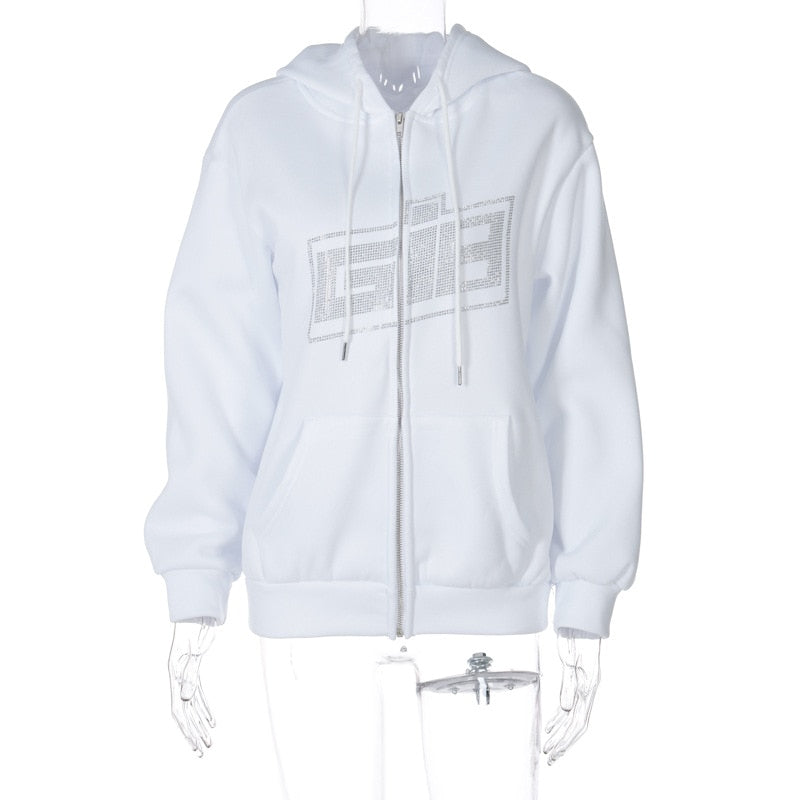 Rhinestone Letter Print Hoodies Women Zip Up Y2K Tracksuit Vintage