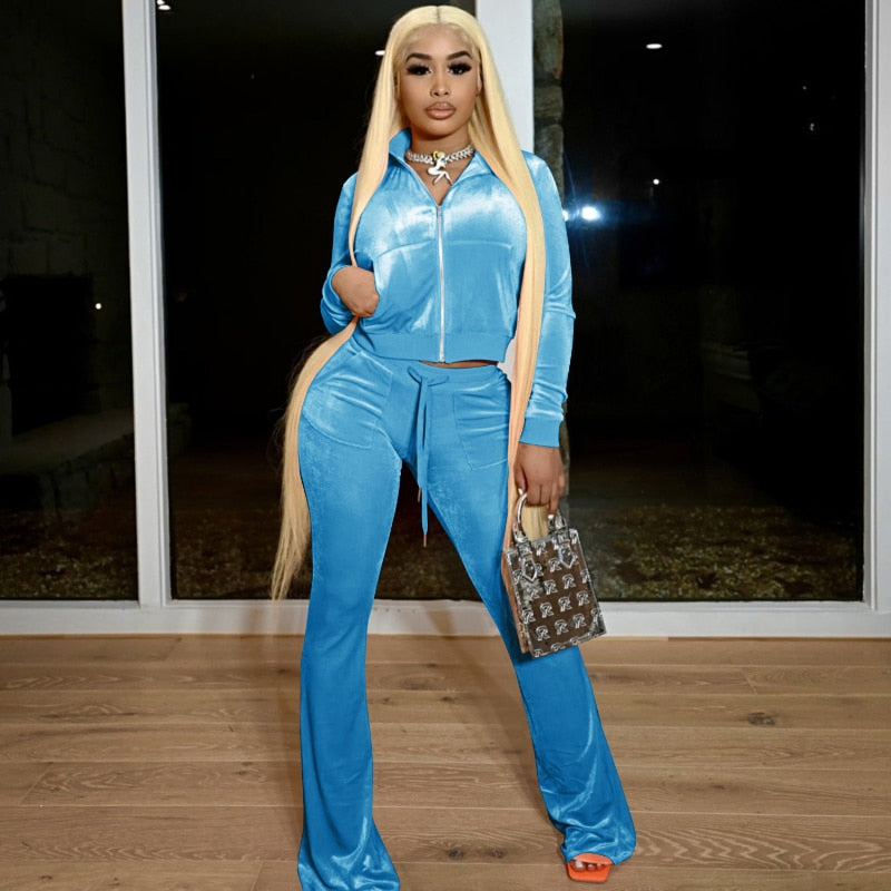 Women Velvet Tracksuit Winter Two Piece Set Velour Wide Leg Pant Sets Solid