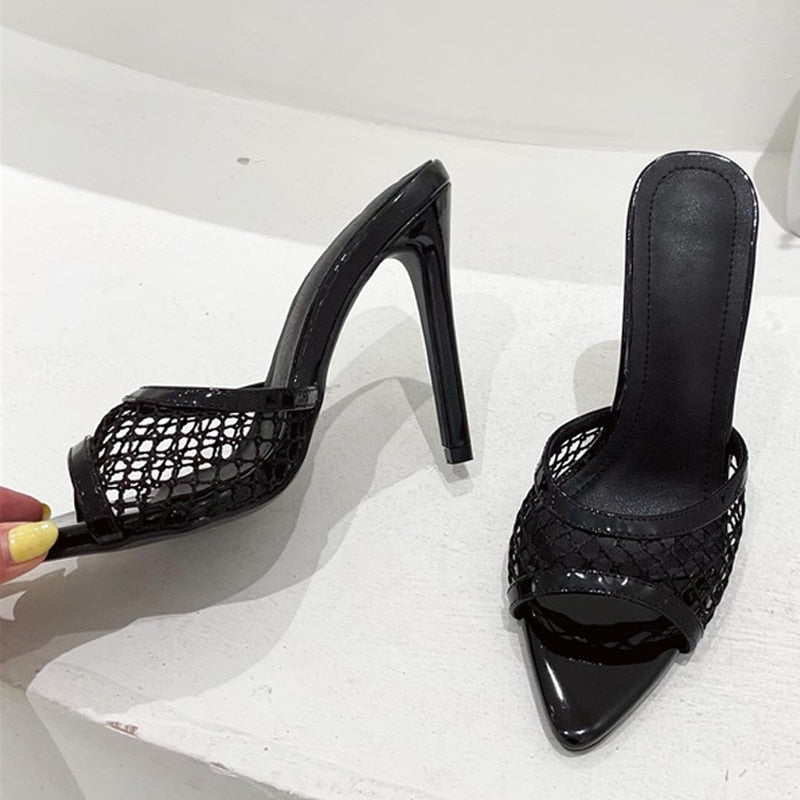 New Sexy Pointed Toe Thin High Heels Pumps Green Mesh Slippers Summer Fashion