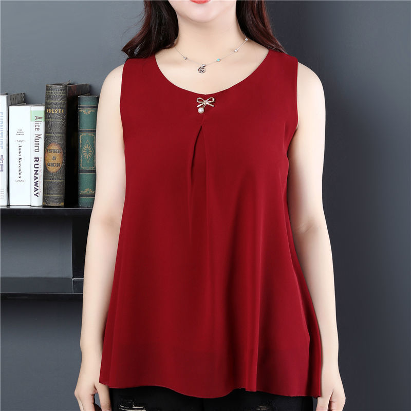 Obesity Women Chiffon Shirt 2022 New Summer Sleeveless O-neck Blouse