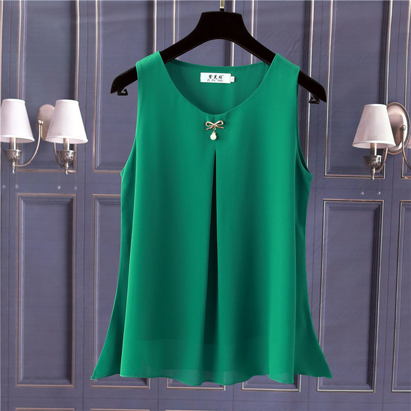 Obesity Women Chiffon Shirt 2022 New Summer Sleeveless O-neck Blouse