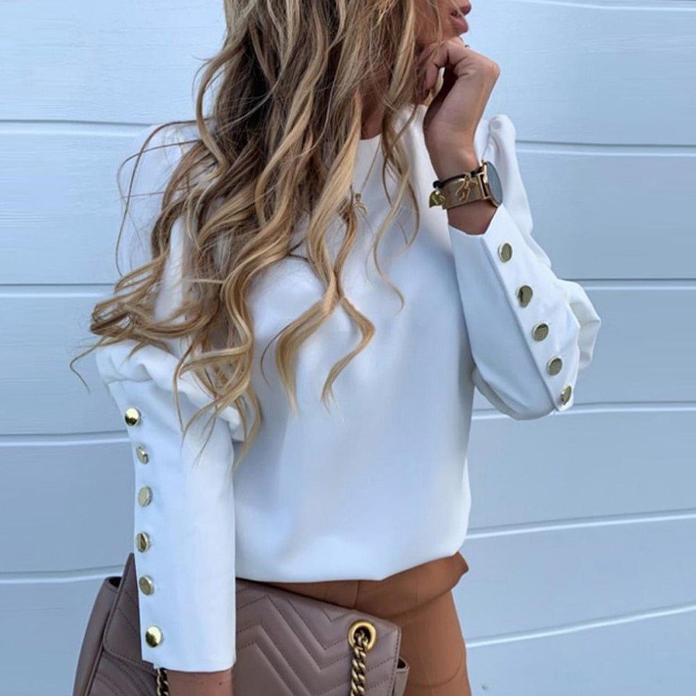 Fashion Women Metal Button Long Sleeve Shirts Ladies Casual O-Neck