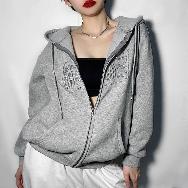 Rhinestone Letter Print Hoodies Women Zip Up Y2K Tracksuit Vintage