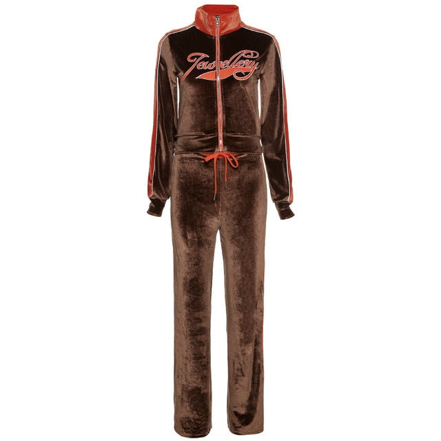 Letter Print Velvet Tracksuit Set Women Fashion Streetwear Outfits Female Zipper Sport
