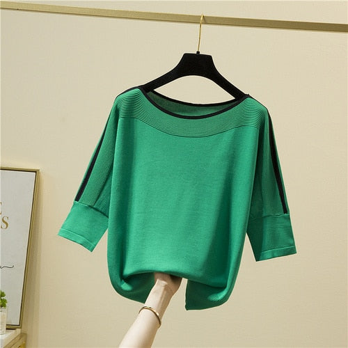 Summer Fashion Women Tops Knitted Solid Blouse Ice Silk Pullover Short Sleeve Loose