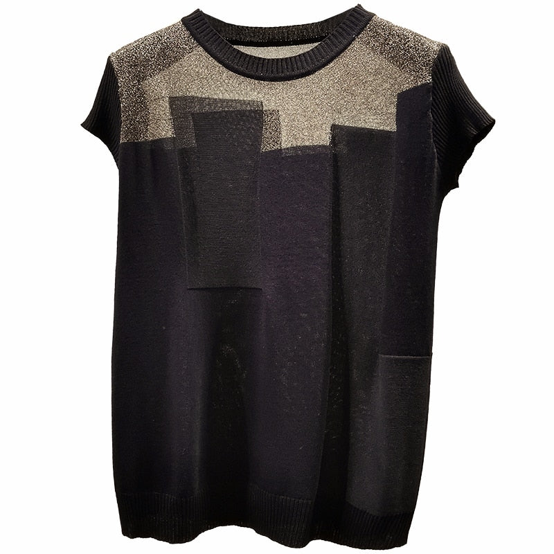 Korean Patchwork Ice Silk Knitted Tops Blusas Mujer De Moda Women
