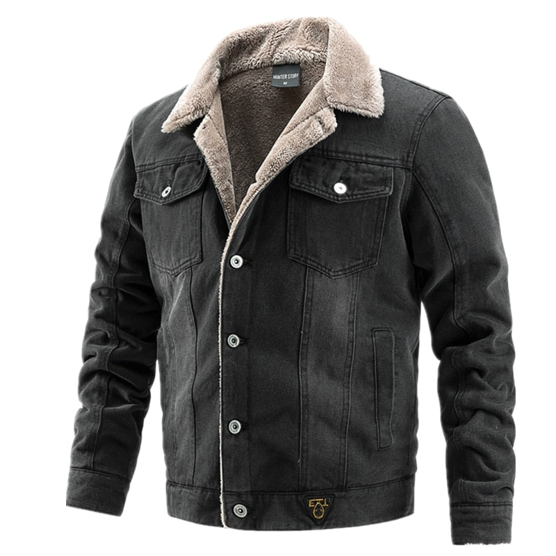 AIOPESON Men’s Plus Velvet Thick Denim Jacket – Casual Lapel Cotton Jeans Jacket