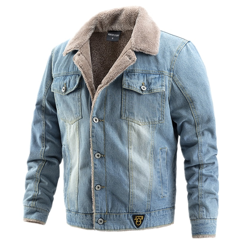 AIOPESON Men’s Plus Velvet Thick Denim Jacket – Casual Lapel Cotton Jeans Jacket