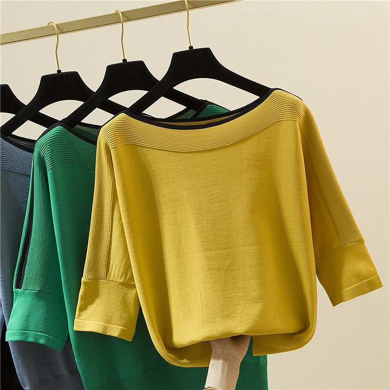 Summer Fashion Women Tops Knitted Solid Blouse Ice Silk Pullover Short Sleeve Loose