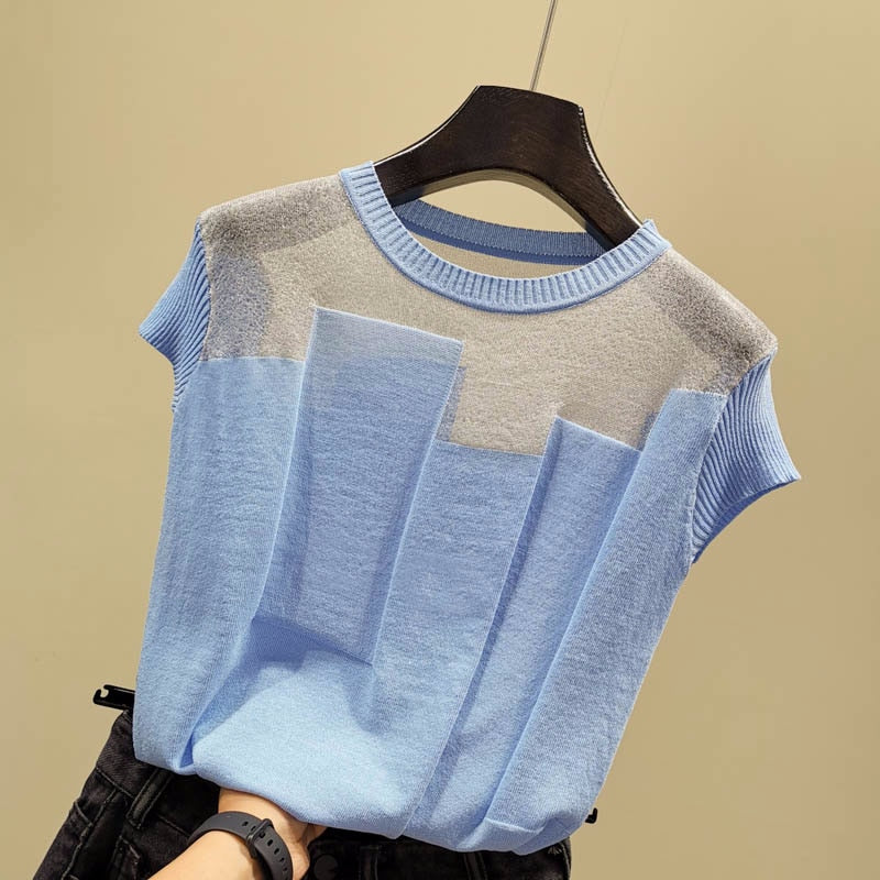 Korean Patchwork Ice Silk Knitted Tops Blusas Mujer De Moda Women