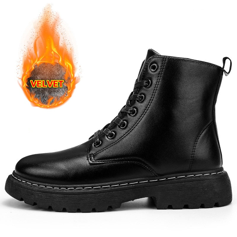 Men Shoes High-Top Martin Boots Black Leather Boots Plus Velvet Thick-Soled Non-Slip Boots Wear-Resistant Botas Hombre Botines