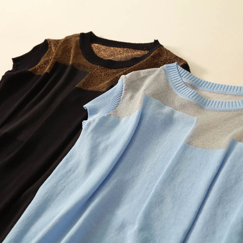 Korean Patchwork Ice Silk Knitted Tops Blusas Mujer De Moda Women