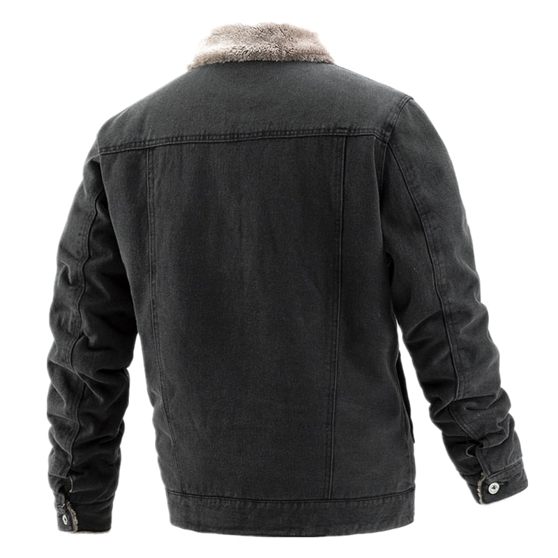 AIOPESON Men’s Plus Velvet Thick Denim Jacket – Casual Lapel Cotton Jeans Jacket
