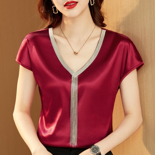 Women Silk Fashion Tops Solid V-neck Tassel Satin Bat Sleeve Blouse for Women