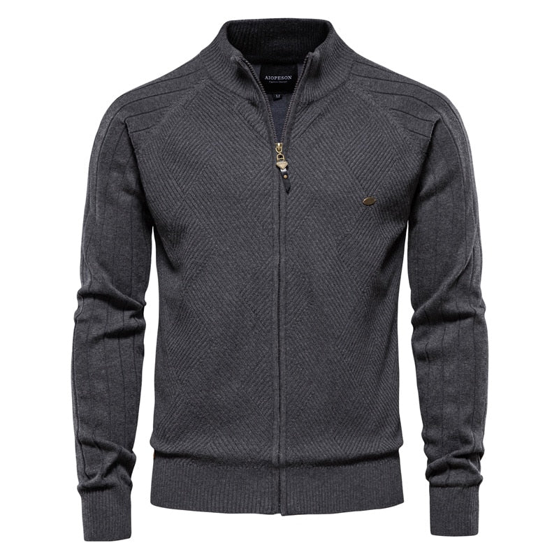AIOPESON Argyle Solid Color Men’s Cardigan – Casual Zipper Cotton Winter Sweater